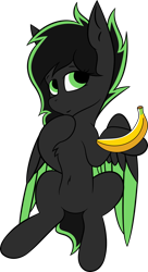 Size: 800x1469 | Tagged: safe, artist:bitrate16, oc, oc only, oc:eytlin, pegasus, pony, 2020 community collab, banana, derpibooru community collaboration, female, food, holding, looking at you, simple background, sitting, smiling, solo, transparent background, vector