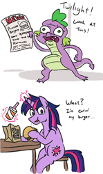 Size: 994x1664 | Tagged: safe, artist:jargon scott, dusk shine, spike, twilight sparkle, dragon, pony, unicorn, ..., burger, comic, dialogue, food, hamburger, hormones, implied transgender transformation, impossible burger, magic, male, newspaper, rule 63, simple background, stallion, telekinesis, twilight burgkle, white background