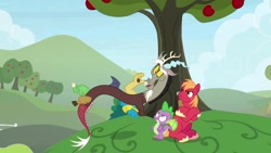 Size: 1920x1080 | Tagged: safe, screencap, big macintosh, discord, spike, dragon, pony, the big mac question, apple, apple tree, tree, winged spike