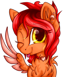 Size: 1800x2199 | Tagged: safe, artist:gleamydreams, oc, oc only, oc:fireblitz, pegasus, pony, chest fluff, ear fluff, golden eyes, jewelry, looking at you, necklace, one eye closed, piercing, red hair, smiling, solo, tongue out, wink