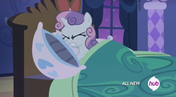 Size: 852x470 | Tagged: safe, screencap, sweetie belle, pony, unicorn, for whom the sweetie belle toils, angry, bed, blanket, female, filly, hub logo, pillow, solo