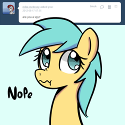 Size: 750x750 | Tagged: safe, artist:datahmedz, sunshower raindrops, pegasus, pony, :t, ask, blue background, cute, female, frown, looking away, looking up, mare, nope, nose wrinkle, raindropsanswers, scrunchy face, simple background, solo, text, tumblr, wavy mouth