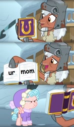 Size: 392x665 | Tagged: safe, edit, edited screencap, screencap, cozy glow, pegasus, pony, frenemies (episode), bucket, clothes, cozy glow is not amused, duo, female, filly, foal, friendship journal, hat, male, meme, rusty bucket, rusty bucket journal meme, scrunchy face, solo, stallion, winter outfit, your mom