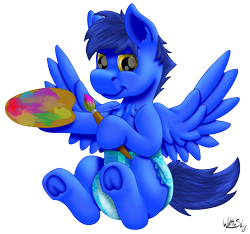 Size: 2292x2148 | Tagged: safe, artist:wittleskaj, oc, oc only, oc:skaj, pegasus, pony, baby, baby pony, brush, colt, diaper, easel, foal, male, paintbrush, simple background, solo, transparent background