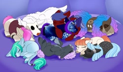 Size: 1600x935 | Tagged: safe, artist:mythpony, oc, oc only, oc:butterfly, oc:charisma, oc:cyrus, oc:fantasy, oc:manni, oc:myth, oc:nightsky, oc:sleepless, oc:solar flare, oc:sugar pastry, alicorn, earth pony, pegasus, pony, chibi, cuddling, female, male, mare, on back, sleeping, stallion