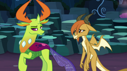 Size: 1920x1080 | Tagged: safe, screencap, ocellus, thorax, changedling, changeling, dragon, uprooted, changeling king, disguise, disguised changeling, dragon ocellus, dragonellus, duo, female, king thorax, male, raised eyebrow, raised hoof, thorax is not amused