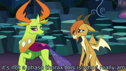 Size: 1920x1080 | Tagged: safe, edit, edited screencap, screencap, ocellus, thorax, changedling, changeling, dragon, uprooted, caption, changeling king, disguise, disguised changeling, dragon ocellus, dragonellus, duo, female, image macro, it's a phase, it's not a phase, king thorax, male, text, thorax is not amused