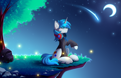 Size: 4444x2849 | Tagged: safe, artist:airiniblock, oc, oc only, pony, unicorn, backpack, cliff, clothes, commission, crescent moon, grass, headphones, hoodie, moon, night, rock, shooting star, sitting, solo, stars, tree