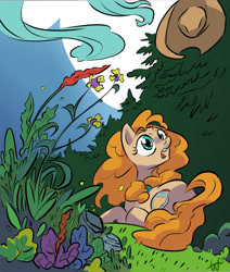 Size: 864x1018 | Tagged: safe, artist:leavingcrow, pear butter, pony, atg 2019, flower, hat, nature, newbie artist training grounds, scenery, solo