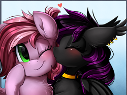 Size: 2379x1783 | Tagged: safe, artist:pridark, oc, oc only, bat pony, earth pony, pony, bat pony oc, blushing, bust, commission, cute, eyes closed, green eyes, kissing, ocbetes, one eye closed, portrait, smiling