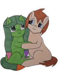 Size: 4089x5109 | Tagged: safe, artist:awgear, oc, oc:paint can, oc:polished gear, earth pony, pony, 2020 community collab, blank flank, blue eyes, brown mane, derpibooru community collaboration, father and child, father and daughter, female, green coat, green eyes, green mane, male, paint, parent and child, simple background, smiling, transparent background