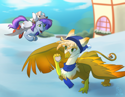 Size: 1000x780 | Tagged: safe, artist:brownie97, oc, oc:ember burd, bat pony, griffon, bat pony oc, duo, snow, winter