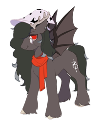 Size: 1014x1200 | Tagged: artist needed, safe, artist:十八, oc, oc only, bat pony, pony, 2020 community collab, clothes, derpibooru community collaboration, fangs, female, hat, horns, mare, monocle, piercing, scarf, simple background, solo, transparent background, unshorn fetlocks