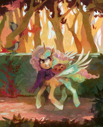 Size: 1996x2463 | Tagged: safe, artist:dearmary, oc, oc only, alicorn, bird, pony, alicorn oc, pumpkin, solo, tree