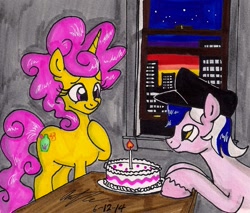 Size: 1165x991 | Tagged: safe, artist:newyorkx3, oc, oc only, oc:karen, oc:mikey, earth pony, pony, unicorn, cake, candle, cap, city, female, food, hat, husband and wife, kakey, male, night, smiling, table, traditional art, window