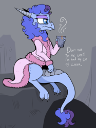 Size: 3077x4106 | Tagged: safe, artist:paskanaakka, derpibooru exclusive, oc, oc only, oc:midnight dew, dragon, bags under eyes, bathrobe, clothes, dragonified, female, robe, sitting, solo, species swap, tired