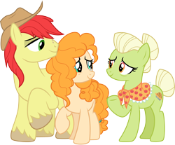 Size: 3628x3000 | Tagged: safe, artist:cloudyglow, bright mac, granny smith, pear butter, earth pony, pony, the perfect pear, .ai available, cowboy hat, eye contact, female, hat, husband and wife, looking at each other, male, mare, mother and child, mother and daughter-in-law, mother and son, parent and child, simple background, smiling, smiling at each other, stallion, stetson, transparent background, vector, young granny smith, younger