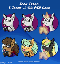 Size: 2222x2356 | Tagged: safe, artist:binkyt11, oc, oc:binky, oc:bubbly citrus, oc:daphne, earth pony, hybrid, pegasus, pony, unicorn, zony, :p, abstract background, advertisement, circle background, clothes, commission, controller, female, hoodie, icon, levitation, magic, mare, playstation, rayman, telekinesis, tongue out, trade, unshorn fetlocks, your character here