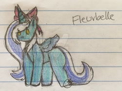 Size: 1280x953 | Tagged: safe, artist:fishycreations, oc, oc:fleurbelle, alicorn, pony, alicorn oc, bow, cute, female, golden eyes, hair bow, mare, traditional art