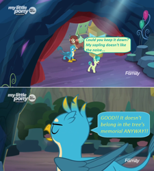 Size: 1360x1510 | Tagged: safe, edited screencap, screencap, gallus, sandbar, yona, earth pony, griffon, pony, yak, uprooted, angry, balloon, booth, cave, cave of harmony, comic, dialogue, discovery family logo, female, male, screencap comic, speech bubble, stubborn, upset