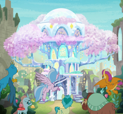 Size: 1920x1788 | Tagged: safe, edit, edited screencap, screencap, gallus, ocellus, sandbar, silverstream, smolder, yona, changedling, changeling, classical hippogriff, dragon, earth pony, griffon, hippogriff, pony, yak, uprooted, castle of the royal pony sisters, composite screencap, dragoness, female, flying, harmy castle, male, mosaic, student six, teenager, toyetic, treehouse of harmony