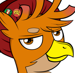 Size: 1730x1692 | Tagged: safe, artist:monsterglad, edit, oc, oc:krieg the griffon, griffon, commission, commissioner:genki, i can't believe it's not idw, male, profile picture, self insert, simple background, smug, solo, twewy reference