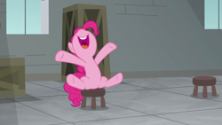 Size: 1920x1080 | Tagged: safe, screencap, pinkie pie, earth pony, pony, the last laugh, female, mare, nose in the air, open mouth, sitting, solo, stool, uvula