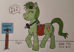 Size: 1332x931 | Tagged: safe, artist:rapidsnap, oc, oc only, earth pony, pony, atg 2019, camera, eyes closed, ice cream cone, music notes, newbie artist training grounds, pictogram, plane, saddle bag, sign, solo, traditional art