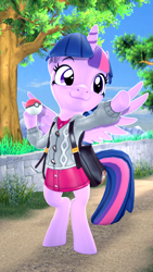 Size: 1080x1920 | Tagged: safe, artist:owlpirate, twilight sparkle, twilight sparkle (alicorn), alicorn, pony, semi-anthro, 3d, bipedal, clothes, cosplay, costume, crossover, cute, female, hoof hold, mare, pokemon sword and shield, pokéball, pokémon, solo, source filmmaker, tree, twiabetes