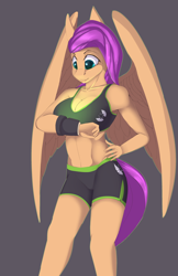 Size: 2400x3700 | Tagged: safe, artist:chapaevv, oc, oc only, oc:fleeting dawn, anthro, fallout equestria, clothes, commission, enclave, fallout, female, not scootaloo, pegasus oc, solo, sports bra, sports shorts