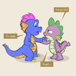 Size: 2500x2500 | Tagged: safe, artist:creativescribbles, master kenbroath gilspotten heathspike, spike, dragon, g3, g4, confrontation, face to face, generational dragondox, holding arm, looking at each other, male, simple background, spike is not amused, unamused, winged spike