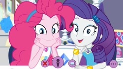 Size: 1920x1080 | Tagged: safe, screencap, pinkie pie, rarity, better together, do it for the ponygram!, equestria girls, smiling