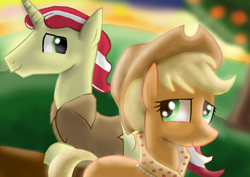 Size: 6512x4608 | Tagged: safe, artist:mr100dragon100, applejack, flim, earth pony, pony, unicorn, the last problem, apple orchard, applejack's hat, clothes, cowboy hat, faded background, female, flimjack, granny smith's scarf, graveyard of comments, hair bun, hat, headcanon in the description, male, older applejack, orchard, shipping, straight, sunset