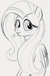 Size: 423x643 | Tagged: safe, artist:dotkwa, fluttershy, pegasus, pony, blowing a kiss, blushing, cute, female, heart, looking at you, mare, monochrome, shyabetes, simple background, sitting, sketch, solo, white background, wings