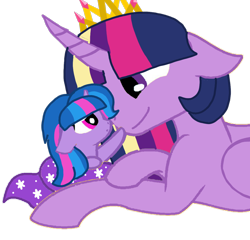 Size: 1126x1080 | Tagged: safe, alternate version, artist:徐詩珮, twilight sparkle, twilight sparkle (alicorn), oc, oc:sparkle rain, alicorn, pony, unicorn, alternate hairstyle, background removed, base used, crown, female, filly, jewelry, magical lesbian spawn, mare, mother and child, mother and daughter, next generation, offspring, parent and child, parent:spring rain, parent:twilight sparkle, parents:springlight, rainbow power, regalia, simple background, transparent background