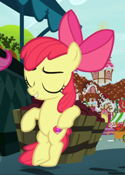 Size: 658x924 | Tagged: safe, screencap, apple bloom, earth pony, pony, the big mac question, bipedal, bipedal leaning, bow, cool, cropped, crossed hooves, crossed legs, eyes closed, female, filly, hair bow, leaning, offscreen character, smiling, solo, solo focus, sugarcube corner