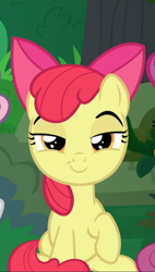 Size: 531x938 | Tagged: safe, screencap, apple bloom, earth pony, pony, the big mac question, cropped, female, filly, lidded eyes, looking at you, offscreen character, raised hoof, sitting, smiling, smirk, smug, solo, solo focus