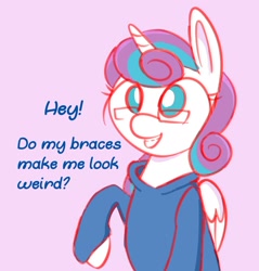 Size: 1470x1539 | Tagged: safe, artist:niteax, princess flurry heart, alicorn, pony, 30 minute art challenge, braces, bronybait, clothes, cute, dialogue, female, flurrybetes, glasses, mare, nerd, nerdy heart, no pupils, older, older flurry heart, simple background, solo, sweater