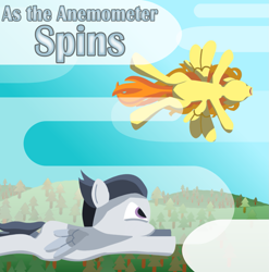 Size: 1451x1467 | Tagged: safe, artist:paracompact, rumble, oc, pegasus, pony, art deco, blank flank, cloud, colt, cover art, fanfic, fanfic art, fanfic cover, flying, foal, hooves, lineless, male, minimalist, modern art, wings