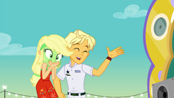 Size: 1920x1080 | Tagged: safe, screencap, applejack, ragamuffin (equestria girls), better together, equestria girls, spring breakdown, clothes, eyes closed, female, green face, male, seasickness, sky, sleeveless, smiling, waving