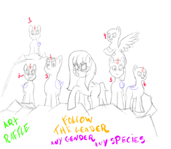 Size: 2030x1762 | Tagged: safe, oc, oc:thunder andreos, alicorn, pegasus, unicorn, art raffle, bad, evil, follow the leader, gang, glasses, mask, new god of thunder, sketch