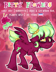 Size: 1308x1680 | Tagged: safe, artist:yojohcookie, oc, oc only, pegasus, pony, cute, female, floppy ears, flower, green, green hair, mare, original art, pink, ponytail, red, sad face, shy, solo, unshorn fetlocks