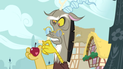 Size: 1600x900 | Tagged: safe, screencap, discord, the big mac question, apple, cringing, disgusted, food, glasses, house, message, ponyville, reading, solo