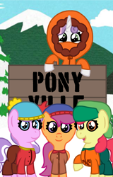 Size: 512x800 | Tagged: safe, artist:colorcodetheartist, derpibooru exclusive, apple bloom, diamond tiara, scootaloo, sweetie belle, clothes, crossover, eric cartman, kenny mccormick, kyle broflovski, mountain, redraw, sign, smiling, snow, south park, stan marsh, wattpad