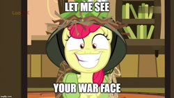 Size: 800x450 | Tagged: safe, edit, edited screencap, screencap, apple bloom, earth pony, pony, going to seed, big grin, caption, face of mercy, faic, female, filly, foal, full metal jacket, grin, helmet, image macro, imgflip, let me see your war face, slasher smile, smiling, solo, text