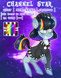 Size: 1308x1680 | Tagged: safe, artist:yojohcookie, oc, earth pony, pony, asexual, blind, blue, female, mare, movie, rainbow, reference sheet, solo, stars, television, tsundere