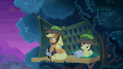 Size: 1920x1080 | Tagged: safe, derpibooru import, screencap, apple bloom, applejack, earth pony, pony, going to seed, apple sisters, binoculars, duo, female, filly, foal, helmet, lidded eyes, mare, night, sisters, treetop