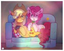 Size: 1280x1024 | Tagged: safe, artist:cckittycreative, derpibooru import, applejack, pinkie pie, earth pony, pony, applepie, commission, controller, female, juice, juice box, lesbian, mare, night, playstation 2, shipping, sofa, tongue out, video game