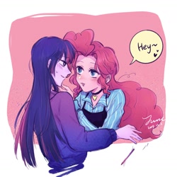 Size: 1680x1680 | Tagged: safe, artist:laochi777, pinkie pie, twilight sparkle, equestria girls, blushing, choker, dialogue, female, heart, lesbian, looking at each other, shipping, signature, twinkie