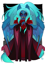 Size: 1767x2500 | Tagged: safe, artist:kez, oc, oc:petal breeze, anthro, bat pony, unguligrade anthro, vampire, fangs, female, fluffy, front view, gradient background, jewelry, looking at you, solo, wing claws